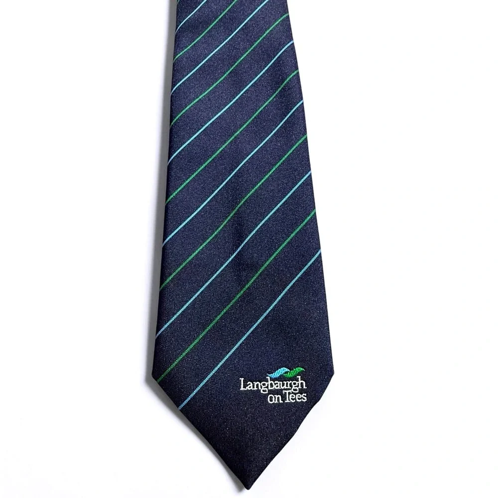 M.&C. McDade Glasgow Mens Tie Navy Blue Green Striped Langbaurgh on Tees Logo‎